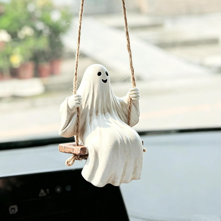 Cute Swinging Ghost Car Mirror Hanging Ornament Halloween Car Interior Accessories Distressed Vintage Ghost photo 3