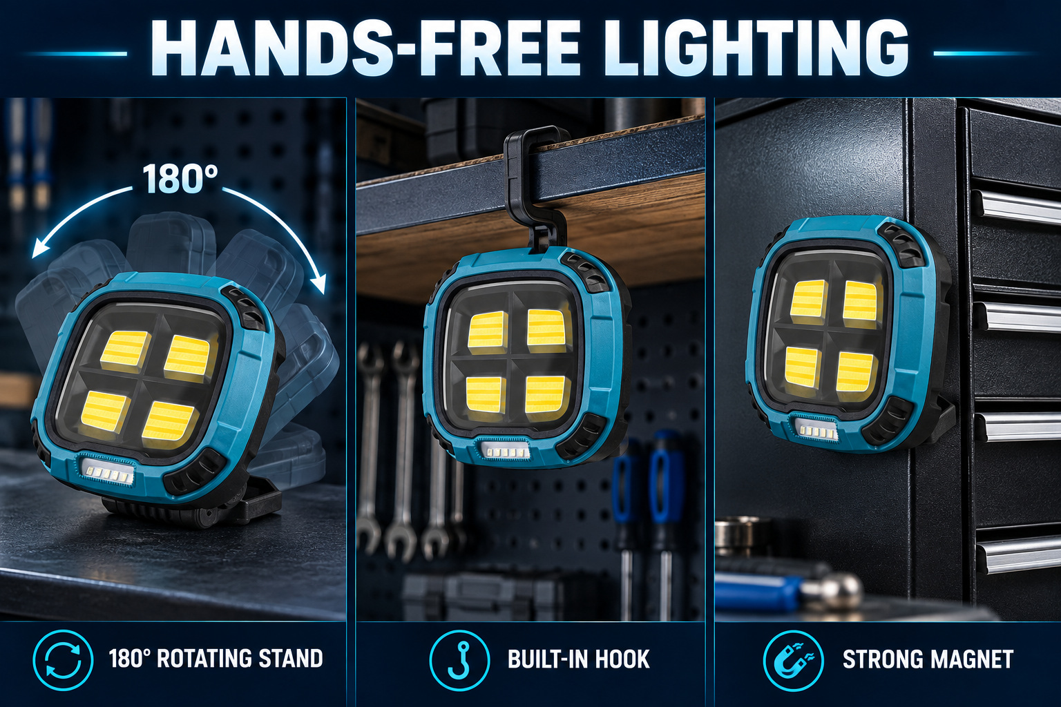 Rechargeable Magnetic Battery Display Type C LED Work Light Base Hanging W894 3 Hook Flood photo 3