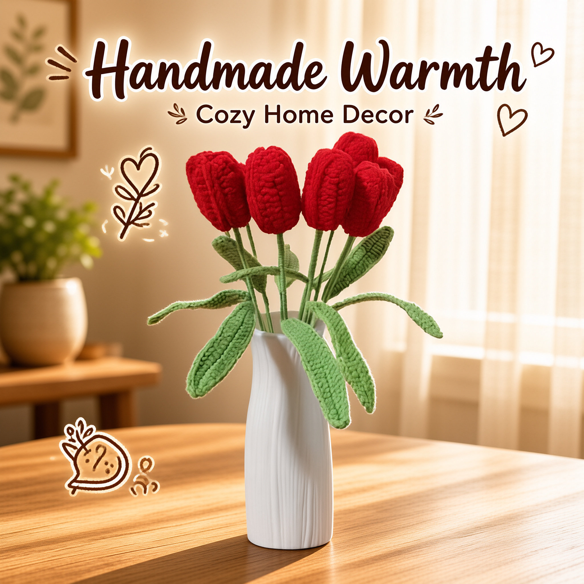 Hand Crocheted Finished Tulip Bouquet Knitted Yarn Handheld Bouquet Artificial Flower For Home Decor Holiday Gift photo 5