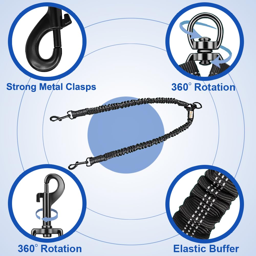 Double Dog Leash,No  Dual Leash,  Swivel  Free Bungee Walking Training For Medium Small Dogs, Shock Absorbing Bungee Reflective For Two Dogs photo 4