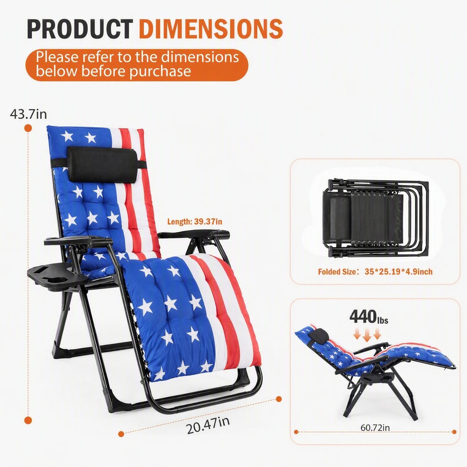 Zero Gravity Chair With Cushion, Folding Outdoor Lounge Chair With Cup Holder And Headrest For Patio, Strong Capacity photo 8