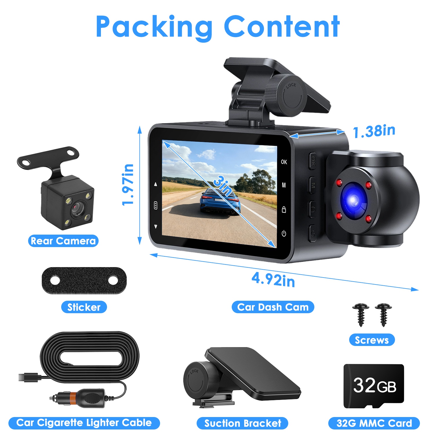 WiFi FHD 1080P 3 Channel Car Dash Cam Front Rear Inside With 32G MMC Card Motion Detection Loop Recording Infrared Night Vision Surveillance Car Camera With App Control photo 2