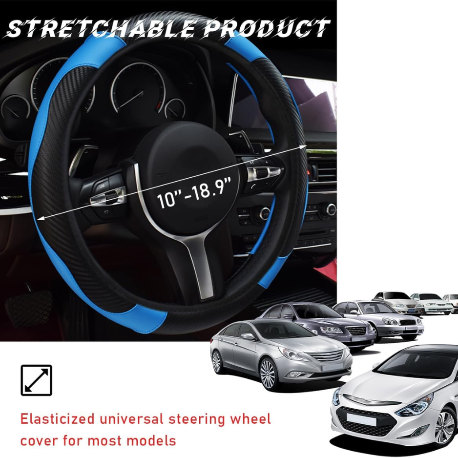 Car Steering Wheel Cover, 15 Inch Leather Breathable Auto Steering Wheel Protector, Comfortable Non-Slip Vehicle Steering Wheel Covers, Universal Interior Car Accessories Black&Blue photo 6