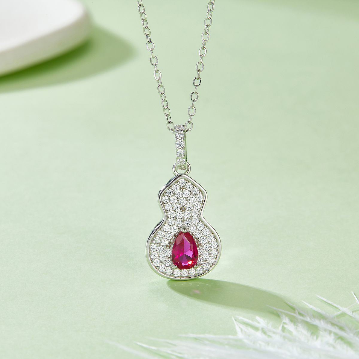 S925 Silver 2.5g 0.5ct Lab-Created Ruby Necklace, 4mm Gourd Pendant, 40&5cm photo 2