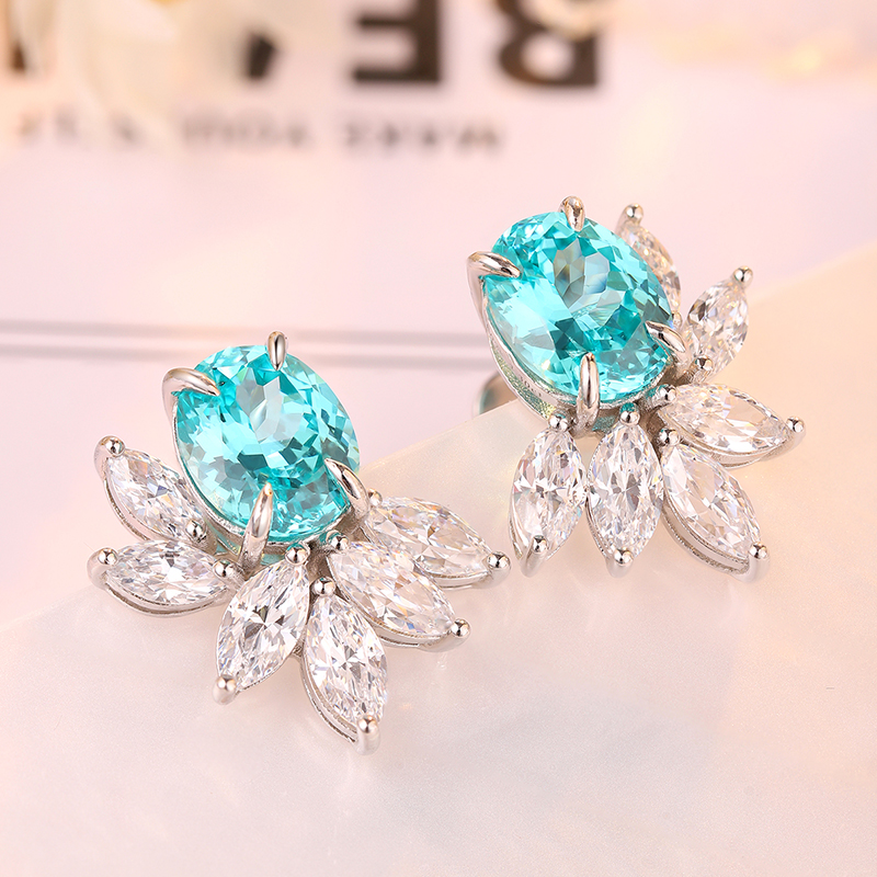 S925 Silver 7.3g Lab Created Gemstone Earrings, 10x8mm Multi-Color Flower Studs, Ruby Sapphire Emerald Paraiba photo 2