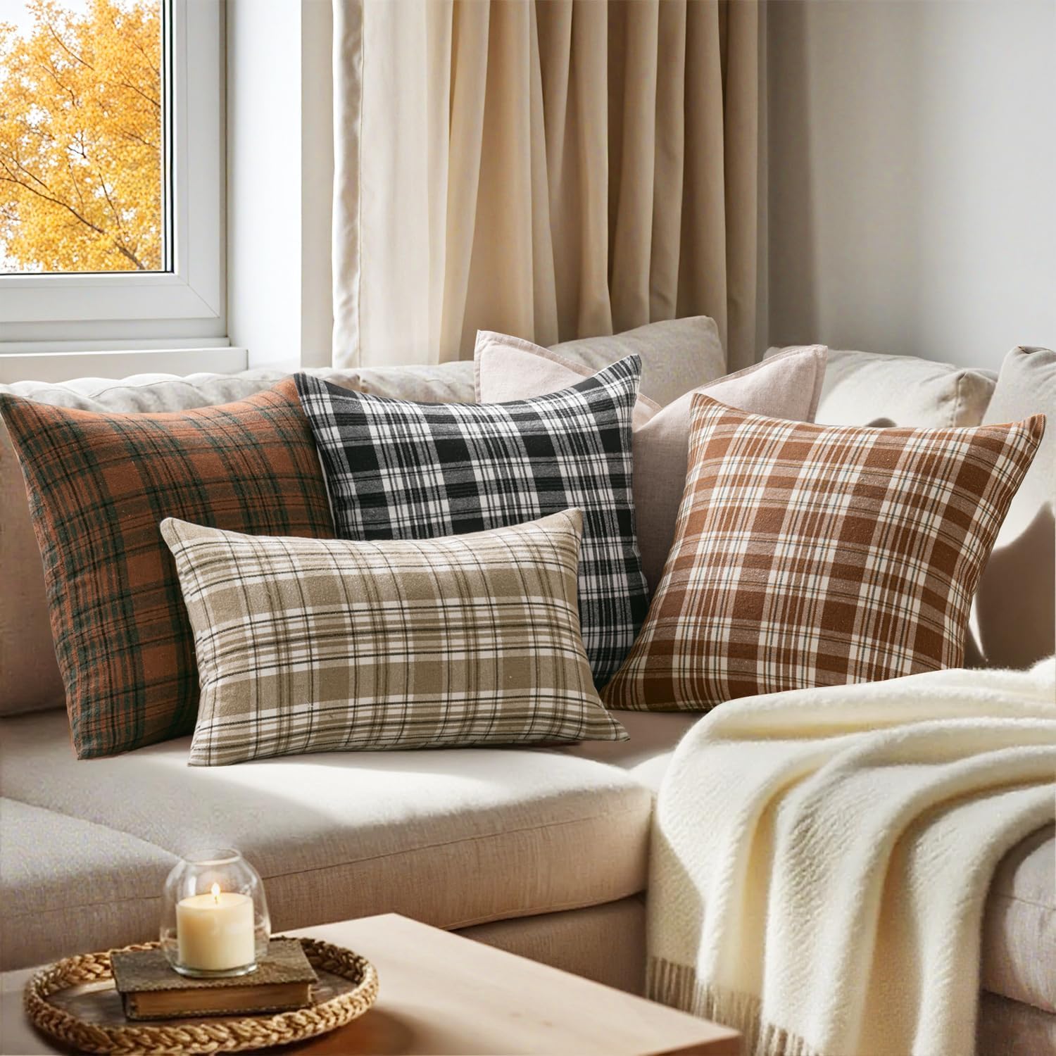Fall Black White Scottish Plaid Pillow Covers 2 Units, 18x18 Inch Decorative Cushion Cases For Sofa, Couch, Bed And Home photo 2