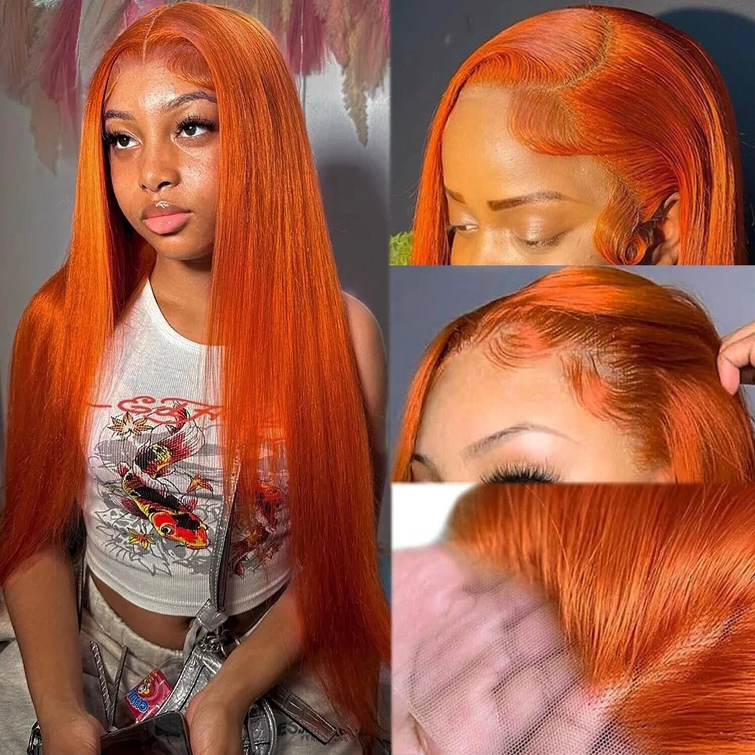 13x4 Straight Human Hair Lace Front Wig Ginger Yellow Density photo 1