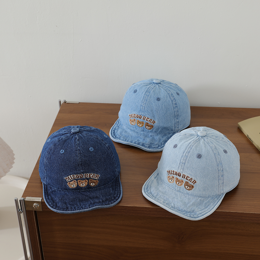 Baby Water Washed Denim Retro Beanie With Bear Embroidery And Soft Brim. Spring Autumn Outdoor Breathable Baseball Cap photo 1