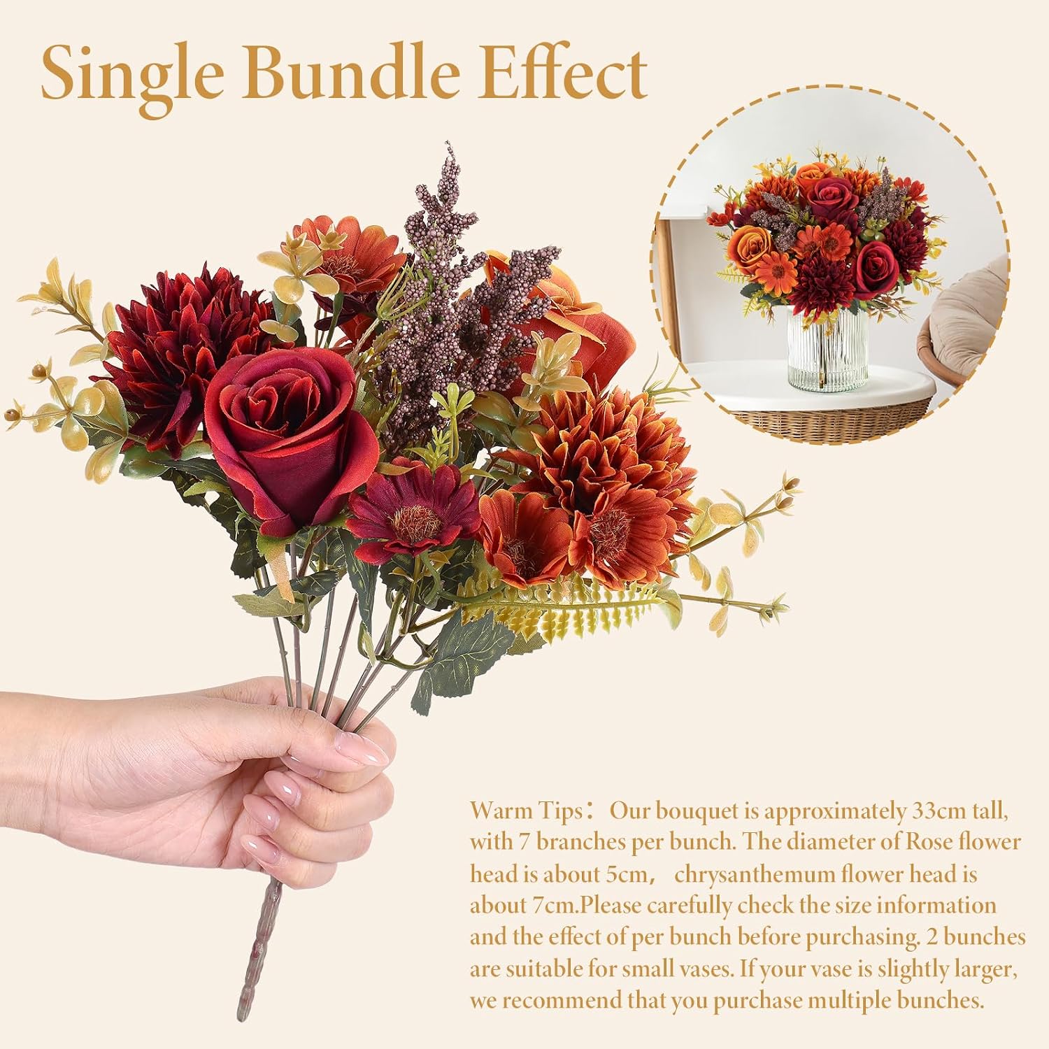 Artificial Fall Flowers 2 Units, Silk Rose Bouquets For Autumn Decor, Vase Arrangements, Home, Wedding And Table Display photo 5