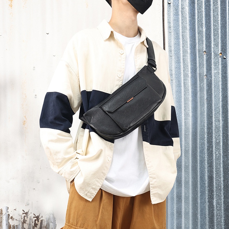 Leather Casual Trendy Brand Shoulder Bag, Men's Bag, Leather High-end Feeling, Men's Crossbody Bag, Multifunctional Business Handbag--6986 Vegetable Tanned Leather Black photo 3
