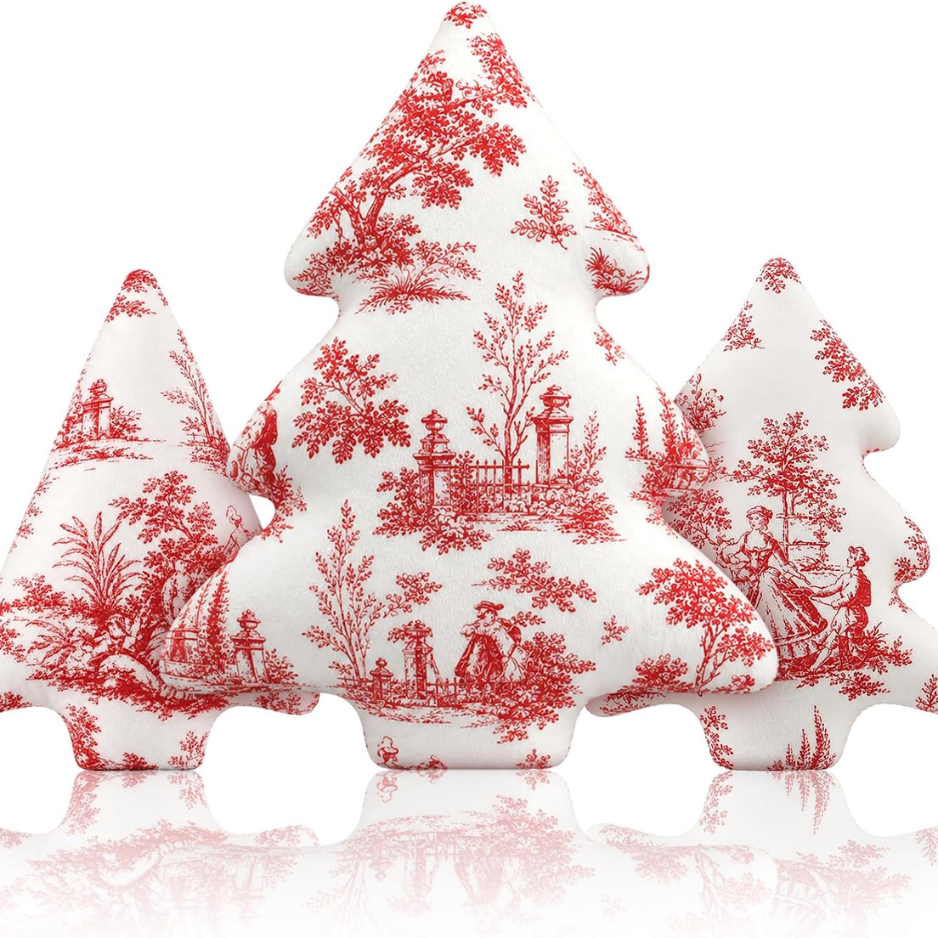 3 Pcs Red Toile Christmas Tree Pillows Vintage Cushion Decor photo 5