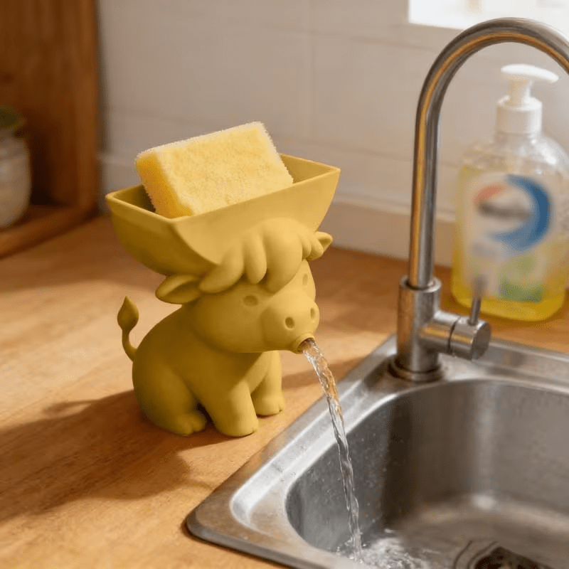 Cute Cow Sponge Holder, Kitchen Sink Organizer With Drain Spout, Animal Shaped Sponge Storage Rack For Countertop photo 3