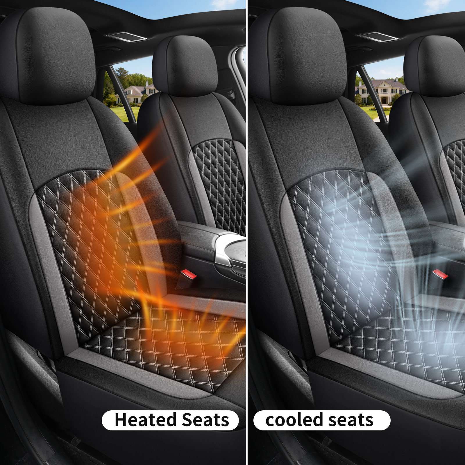 Sport Racing Style PU Leather Car Seat Covers Full 5 Seats, Dual Side Colored Double Stitch Diamond Grid  Inner Diamond Thread All White , Breathable Wearproof Universal Auto Seat Cushion Protector photo 4