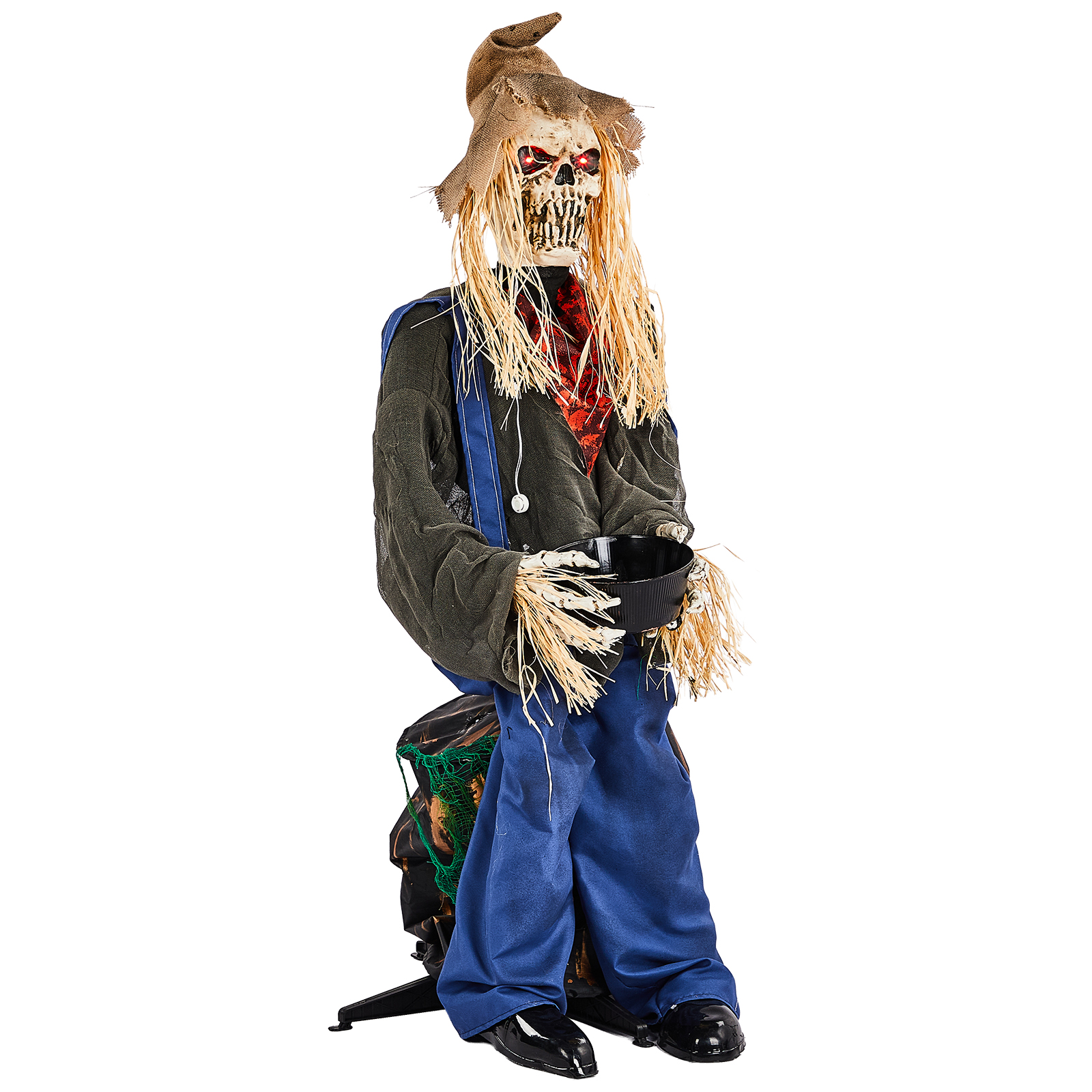 4.5ft Halloween Sitting Scarecrow Decoration With Red Light-Up Eyes,Sound-Activated Head Movement & Male Voice,Detachable Bucket,Battery Operated Batteries Not Included photo 6