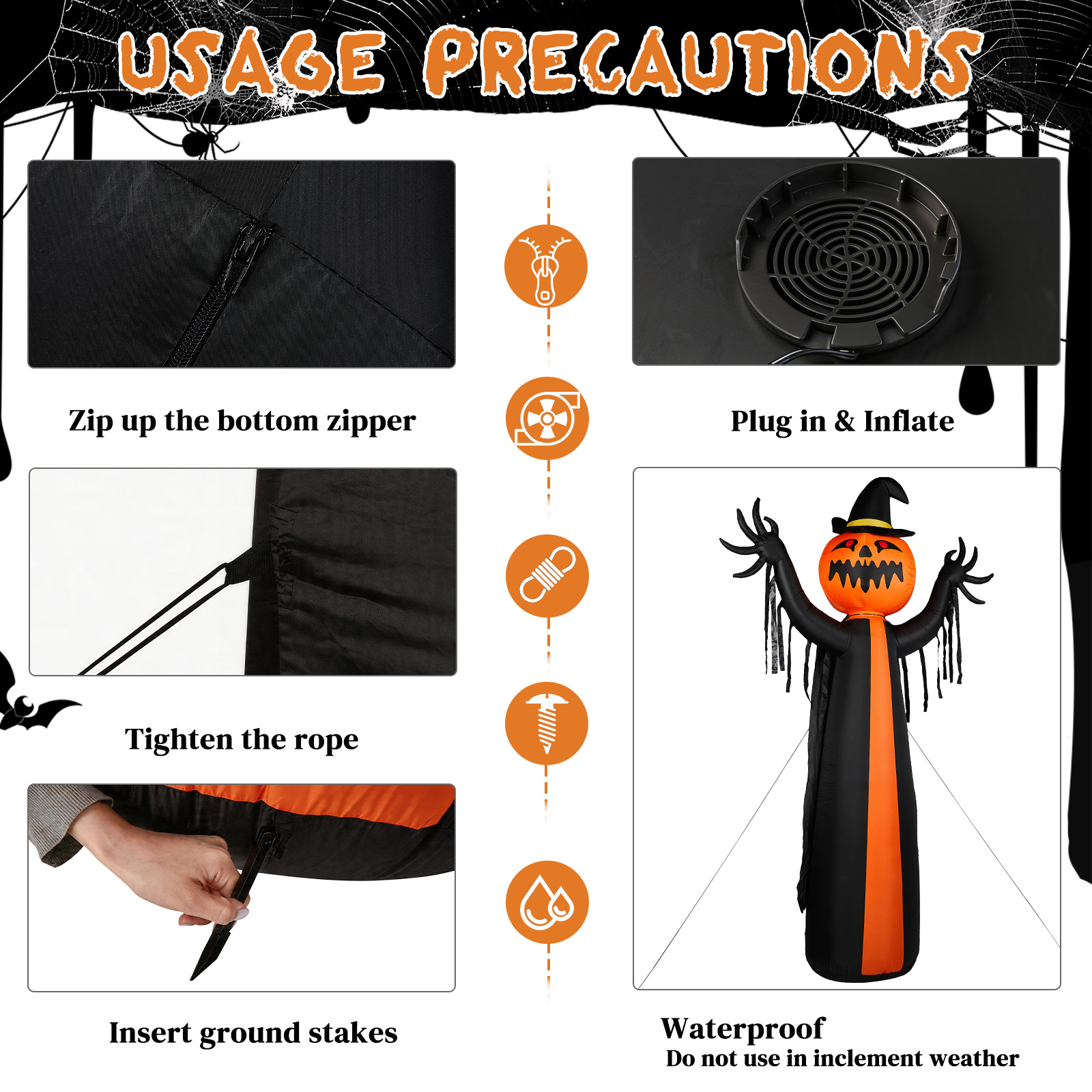 10ft Inflatable Halloween Decor With Rotatable Head Pumpkin Ghost In Cape,6 Built-in LED Lights,Black & Orange,12V 2000mA US Power Adapter photo 7