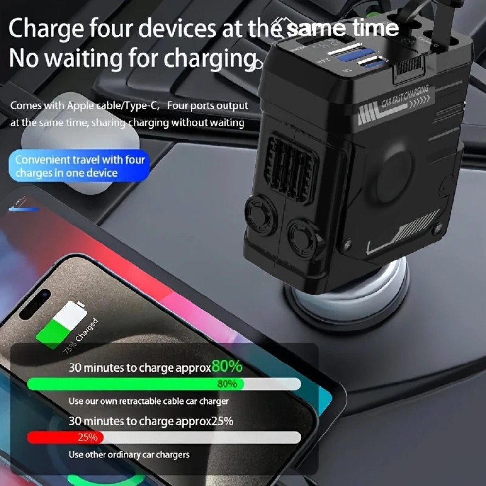 120W 4 IN 1 Retractable Car Fast Charger 2 Cable With USB Type C Port Adapter photo 2