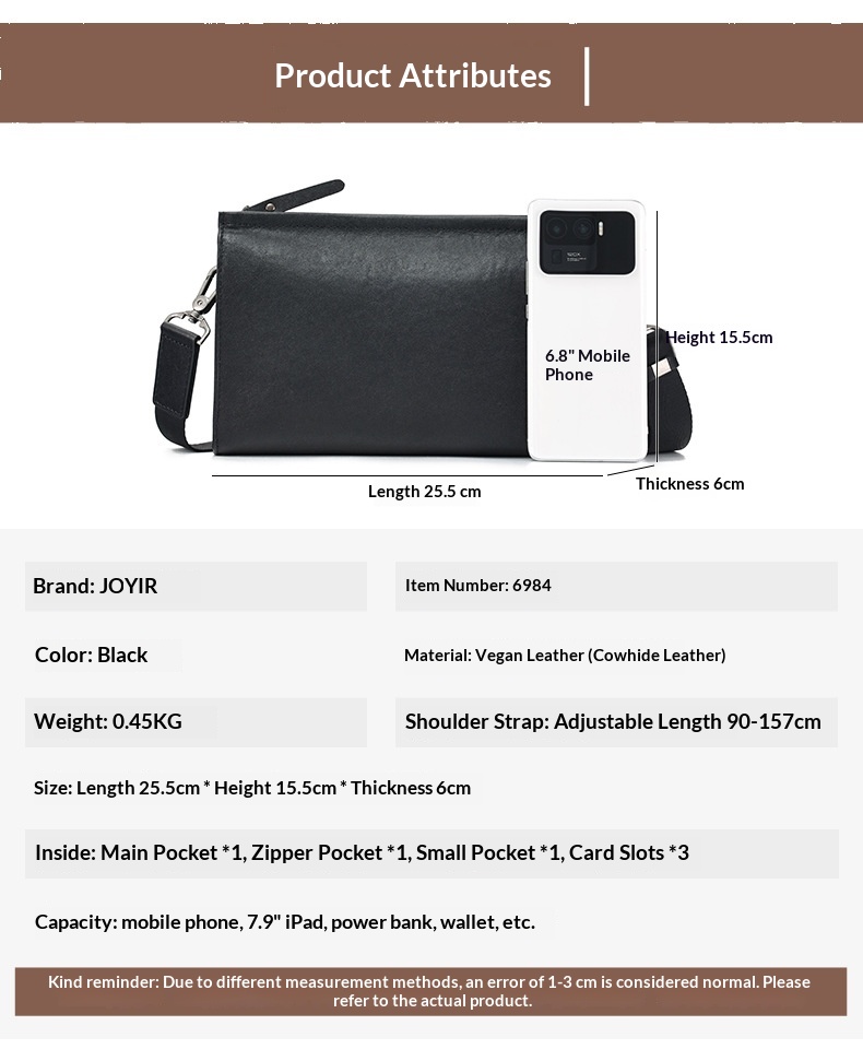 Leather Casual Trendy Brand Shoulder Bag, Men's Bag, Leather High-end Feeling, Men's Crossbody Bag, Multifunctional Business Handbag--6985Vegetable Tanned Leather Black photo 3