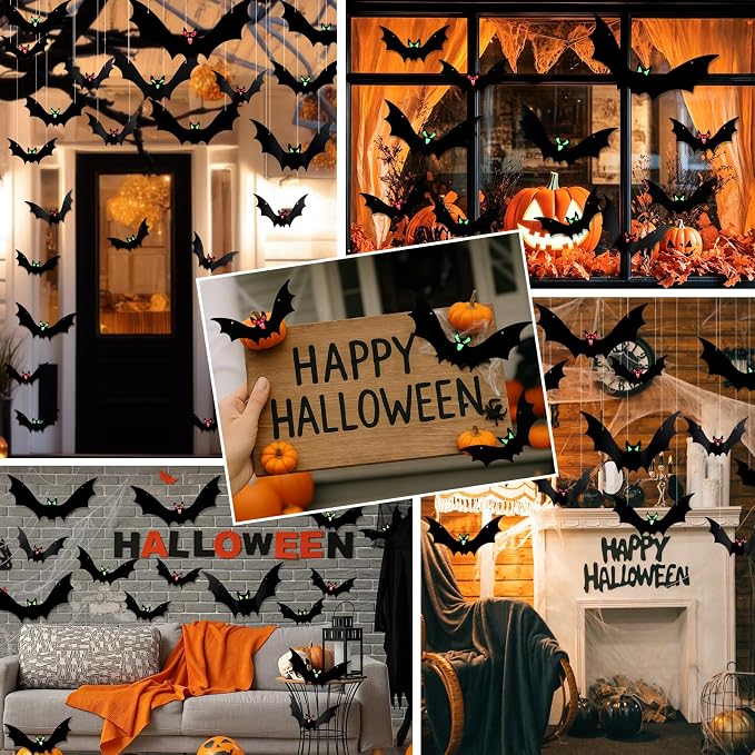 16-Piece Halloween Hanging Bat Decorations With Glowing Eyes For Indoor And Outdoor Spooky Party Decor photo 2