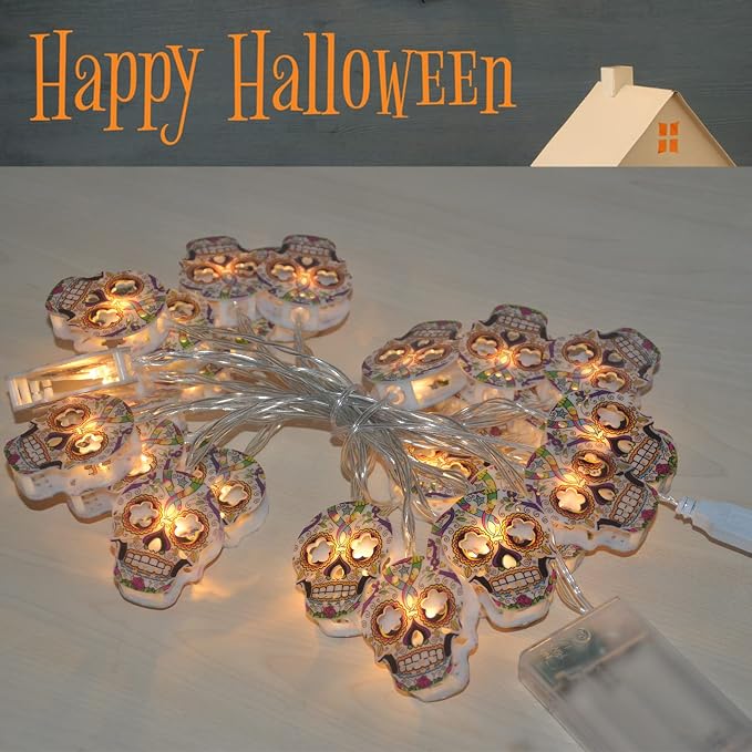 30 LED 15FT Halloween Skull String Lights Battery USB Powered With 2 Flashing Modes Indoor Outdoor Decor photo 2