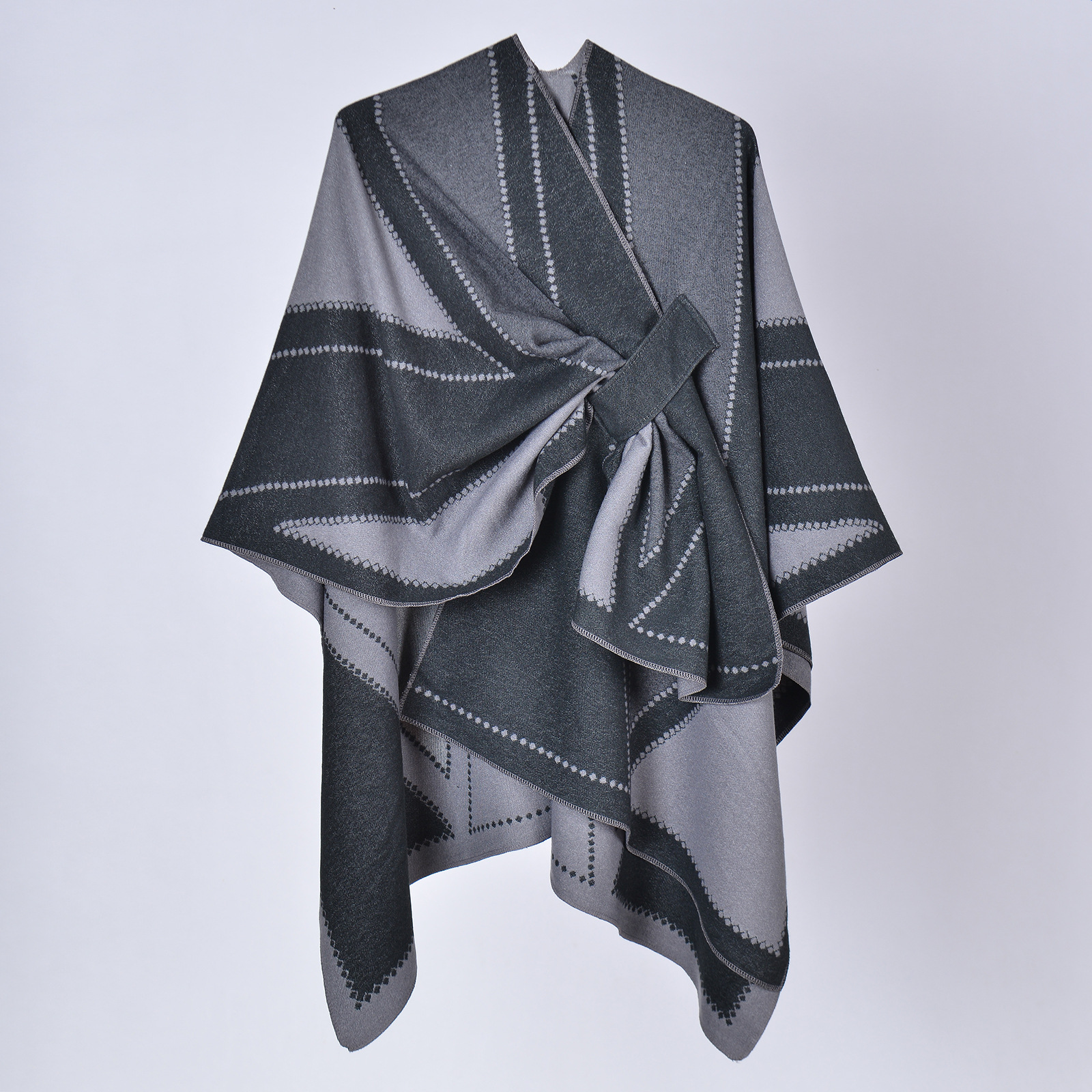 Women's Belted Shawl, Fashion Designer Thick Faux Cashmere Split Poncho Catwalk Outerwear photo 3