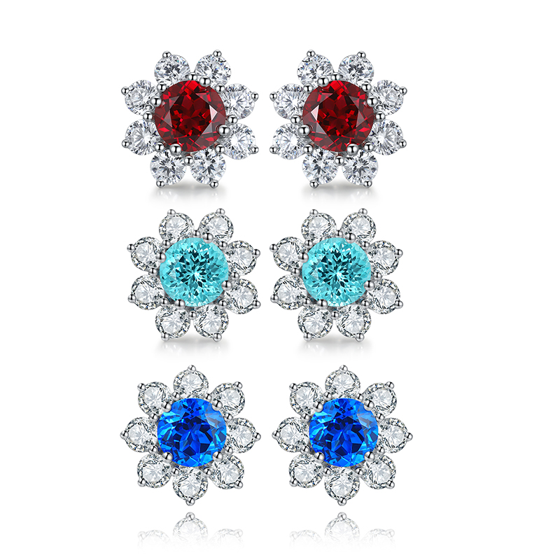 S925 Silver 4.1g Flower Lab-Created Gemstone Earrings, 6.5mm Ruby Sapphire Paraiba Spinel photo 1