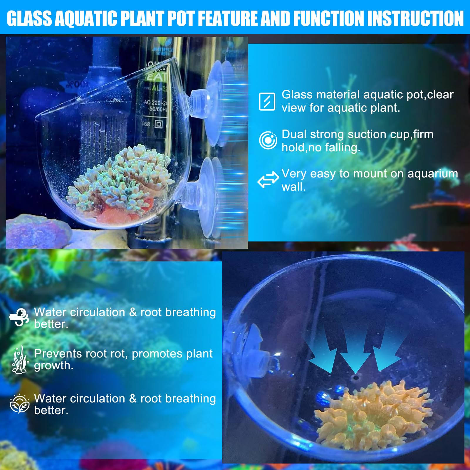 Glass Aquarium Plant Pot For Decoration, Aquatic Plant Pot Cup With Suction Cup, Betta Resting Bed Spot, Aquarium Planter Landscaping Decor Cup With Colorful And Clear Stones photo 3