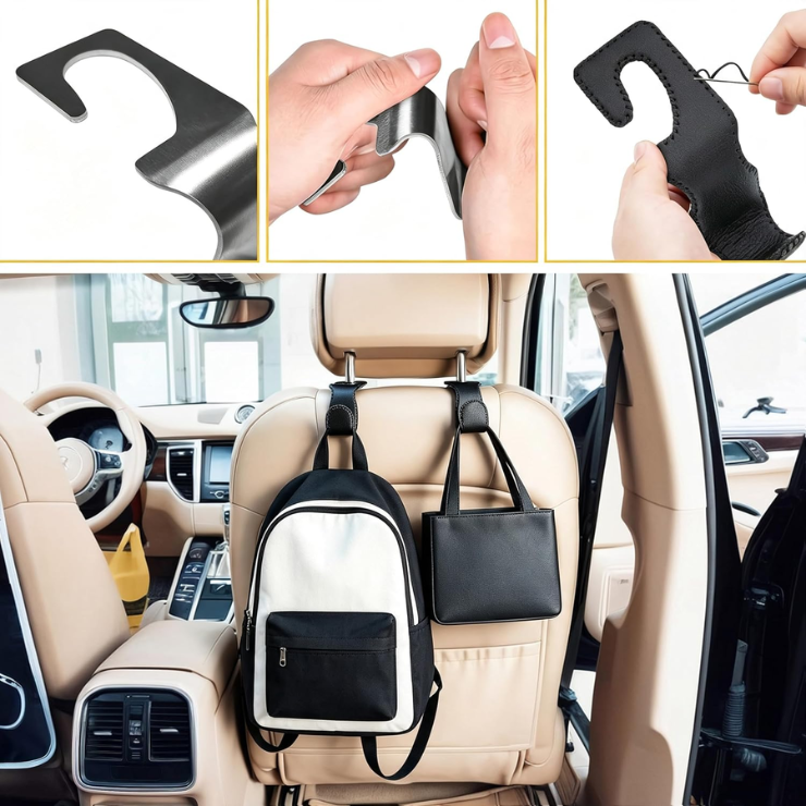 Headrest Hooks For Purses And Bags, 2 Pack Car Seat Hooks For Grocery Bag Handbag, Metal Car Purse Holder Covered By Leather, Black photo 4