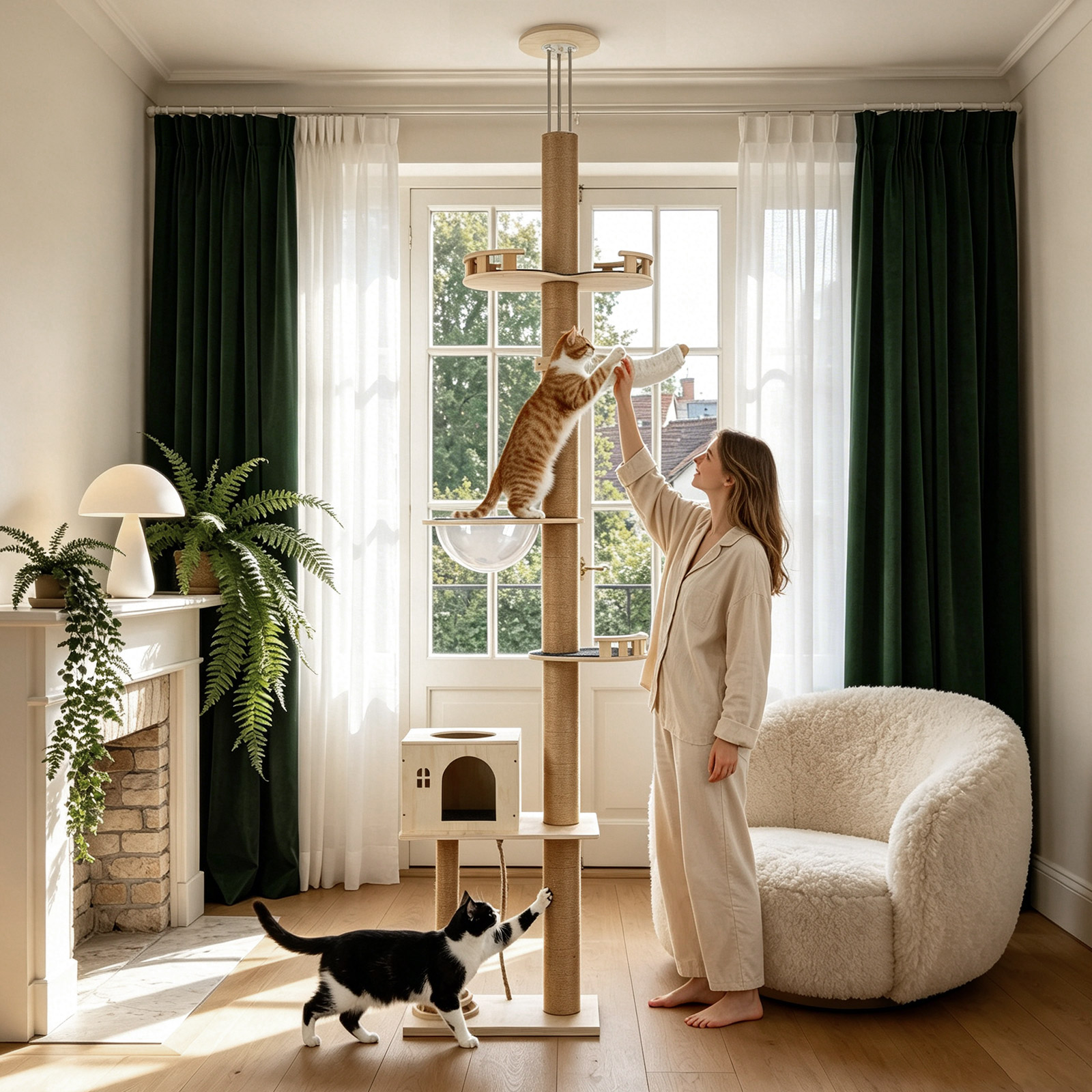 Floor-to-Ceiling Cat Tree With Natural Sisal Rope Scratching Post - Adjustable Height Modern Cat Activity Tree, Cat Scratcher Post photo 3