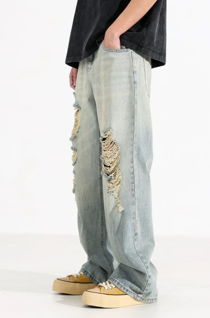 Heavy Ripped Jeans Men Light Wash Baggy Wide Leg Denim Pants Vintage Streetwear Ships From USA photo 2
