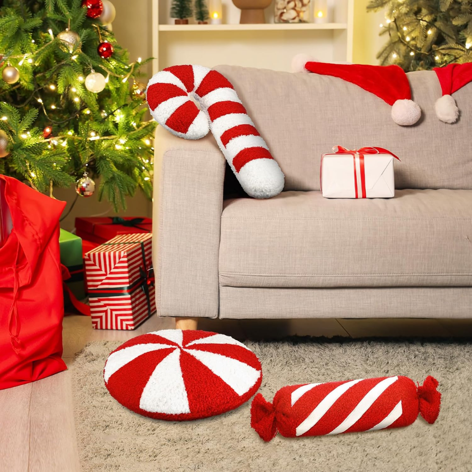 3Pcs Christmas Red Candy Shape Throw Pillows, Festive Holiday Decor photo 3