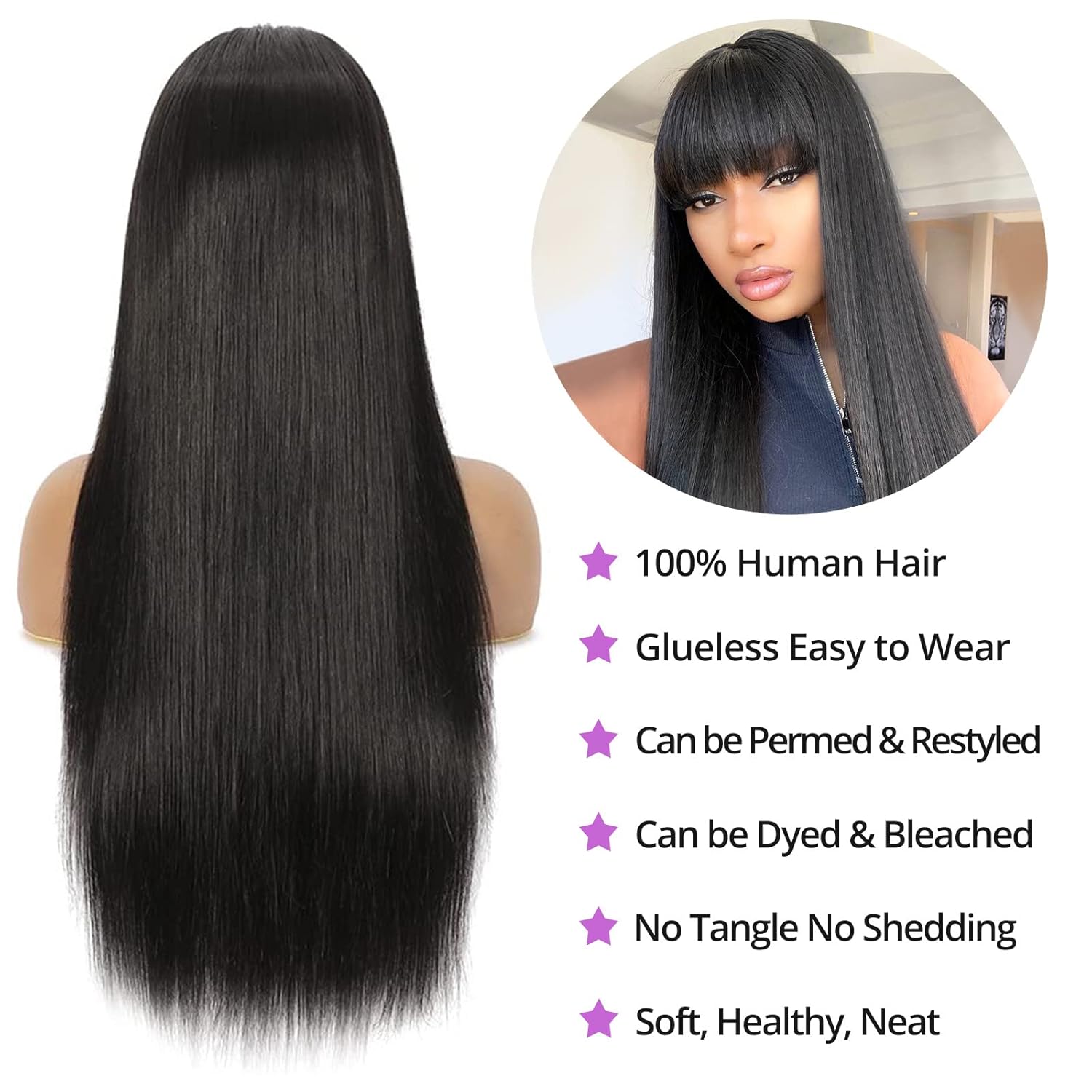 Machine-made Straight Human Hair Wig With Bangs, Natural Color, Density. photo 2