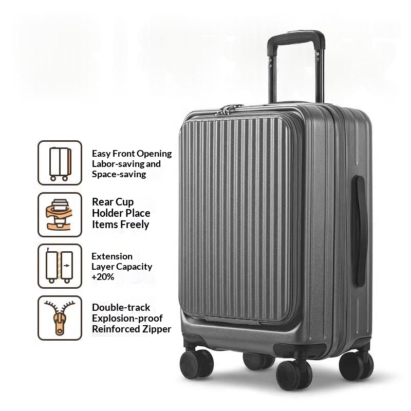 Zhuzhu Grey--New Side-Opening Expandable 20-Inch Carry-On Rolling Suitcase 26-Lock Travel Luggage 24-Large Capacity Leather Bag For Men And Women photo 1