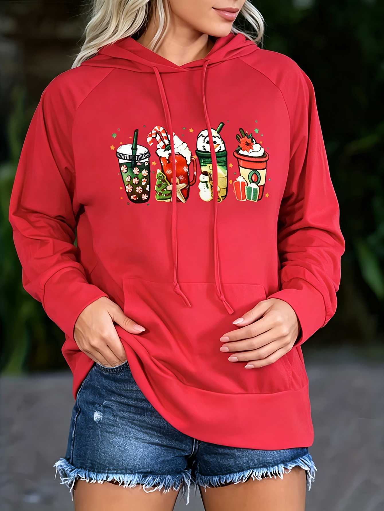 Women Christmas Coffee Cup Graphic Hoodie Drawstring Raglan Long Sleeve Kangaroo Pocket Holiday Pullover Sweatshirt photo 4