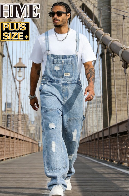 Distressed Denim Overalls Men Plus Size Big And Tall Light Wash Baggy Workwear Bib Overalls US Stock photo 1