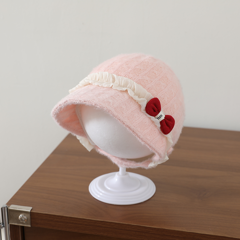 Sweet Style Children's Plush Beanie With Soft Wooden Earflaps And Pleated Edges, Red Bow Knitted Hat, Warm Fishing Hat photo 2