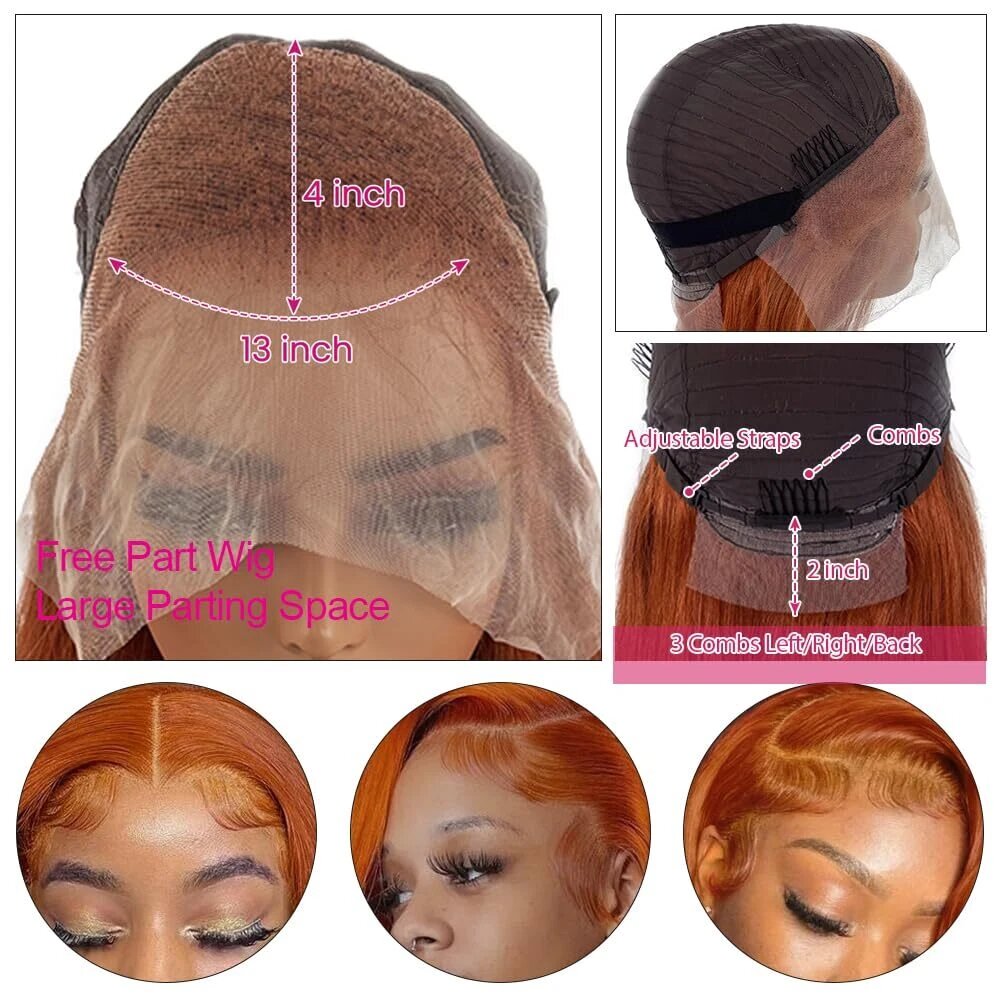 13x4 Straight Human Hair Lace Front Wig Ginger Yellow Density photo 4