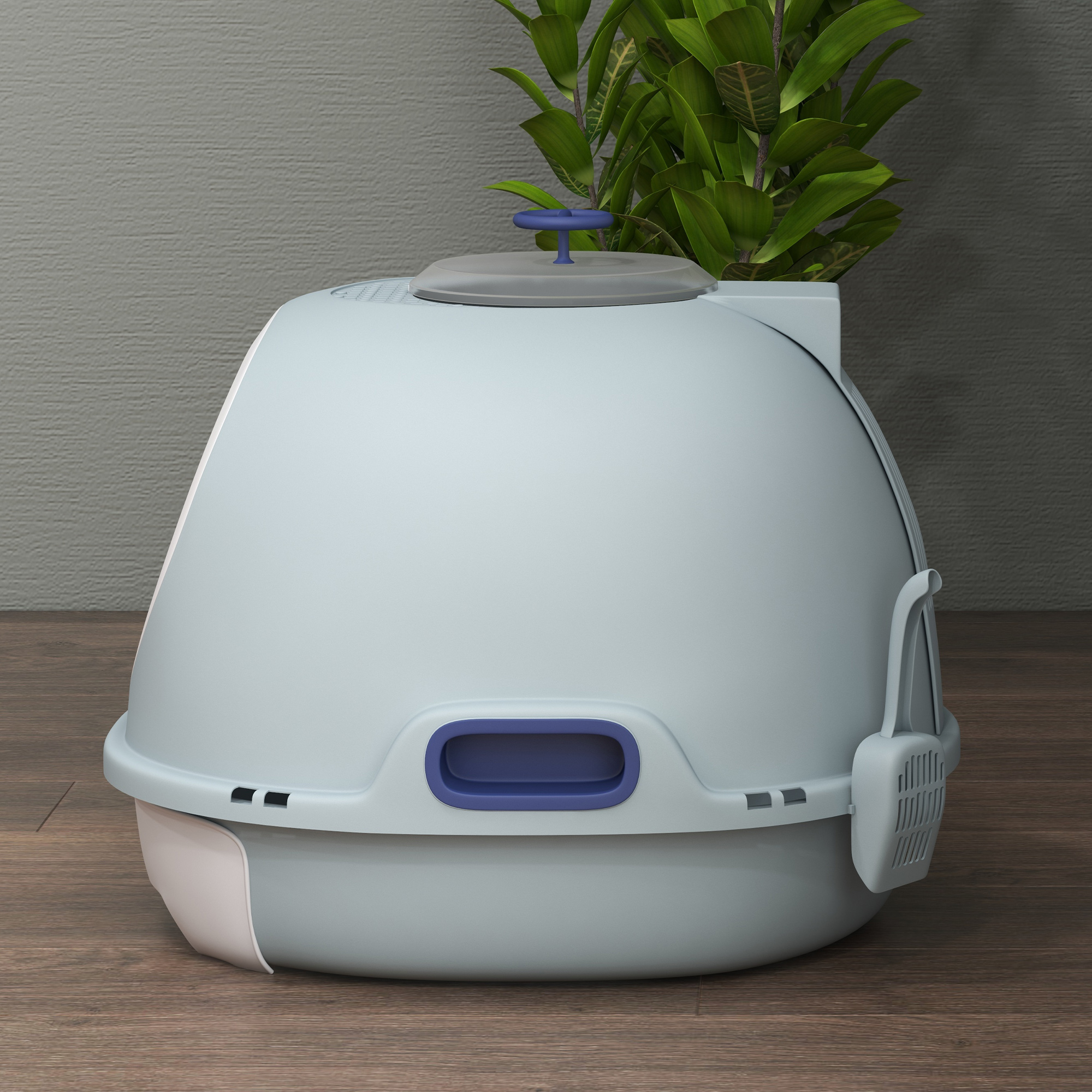 PawHut Cat Litter Box Toilet With Litter Scoop Enclosed Drawer, Front Entry Top Exit, Easy To Clean Blue photo 6