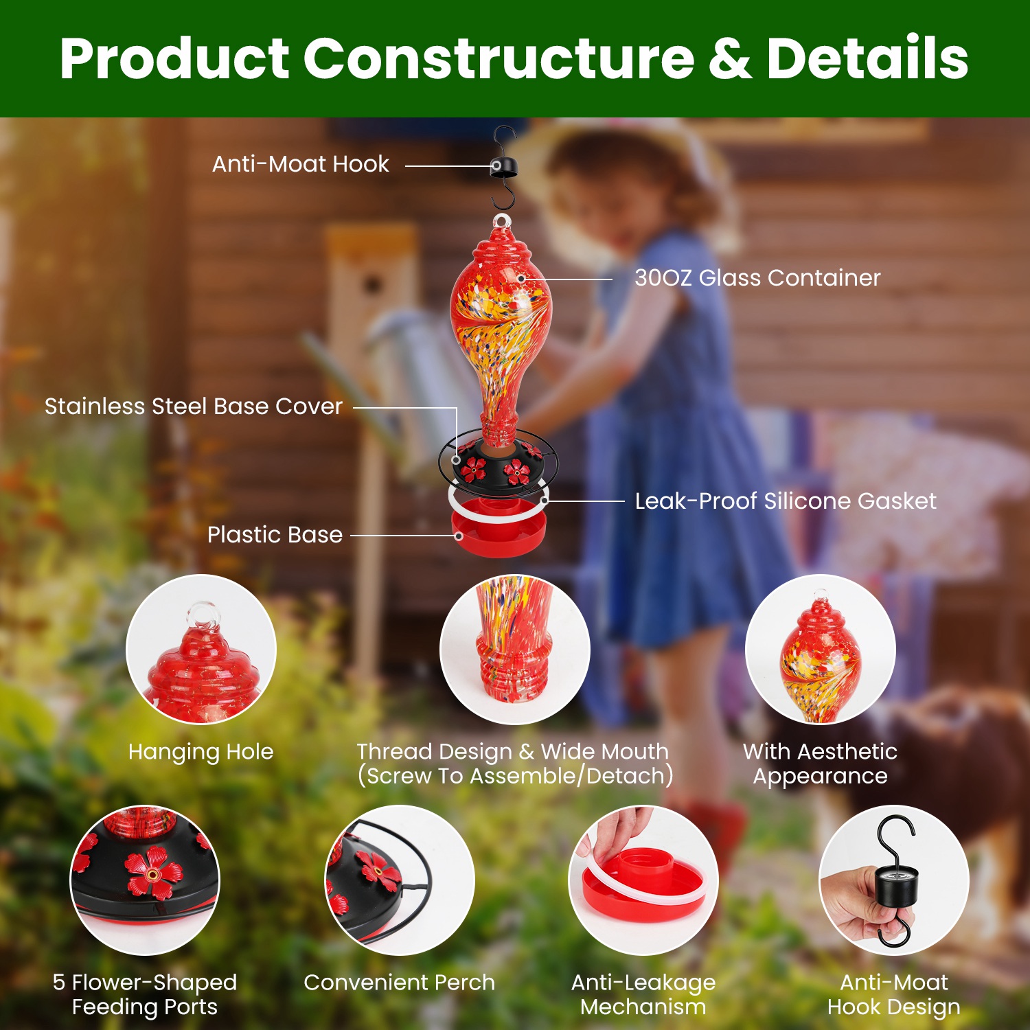 1Pc Glass Hummingbird Feeder 33OZ Hand Blown Hummingbird Feeder With 5 Flower Feeding Port Perch Ant Moat Hanging Hook S Hook Hemp Rope Cleaning Brush For Garden Decor photo 7
