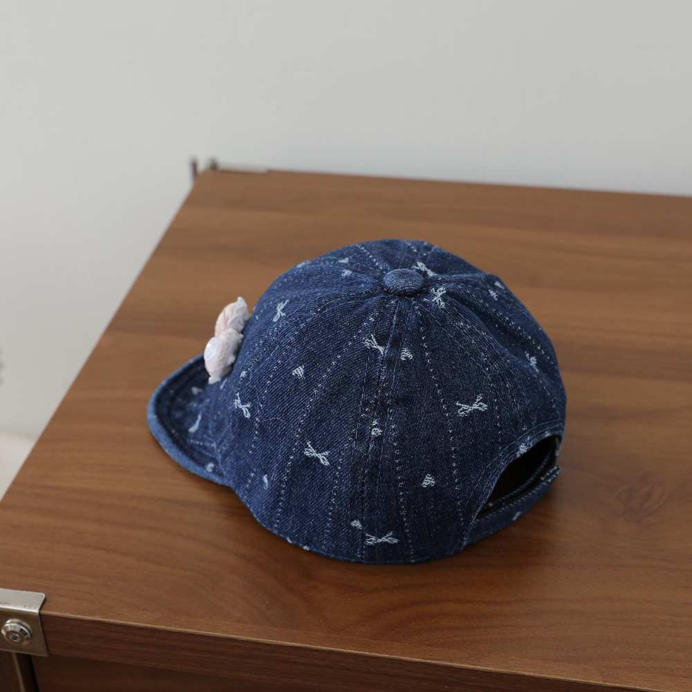 Striped Lace Bow Girl's Denim Baseball Cap, Baby-sized, Washed, Jacquard, Frayed, Heart-shaped Soft Brim Hat photo 4