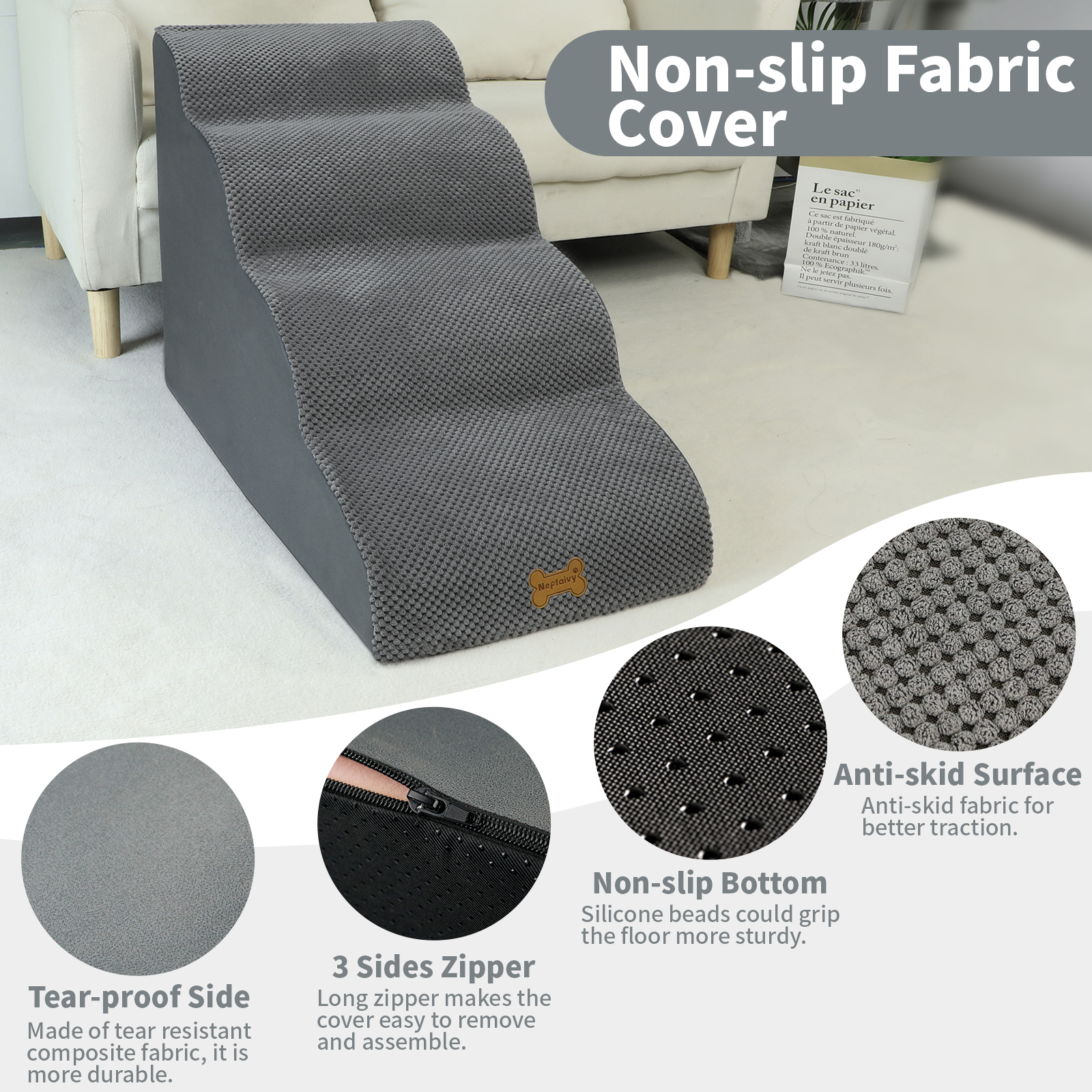 Nepfaivy Dog Steps Stairs For Bed - Non-Slip Pet Stairs For Small Dogs And Cats, Dog Ramp For Sofa With High Density Foam And Removable Cover photo 2