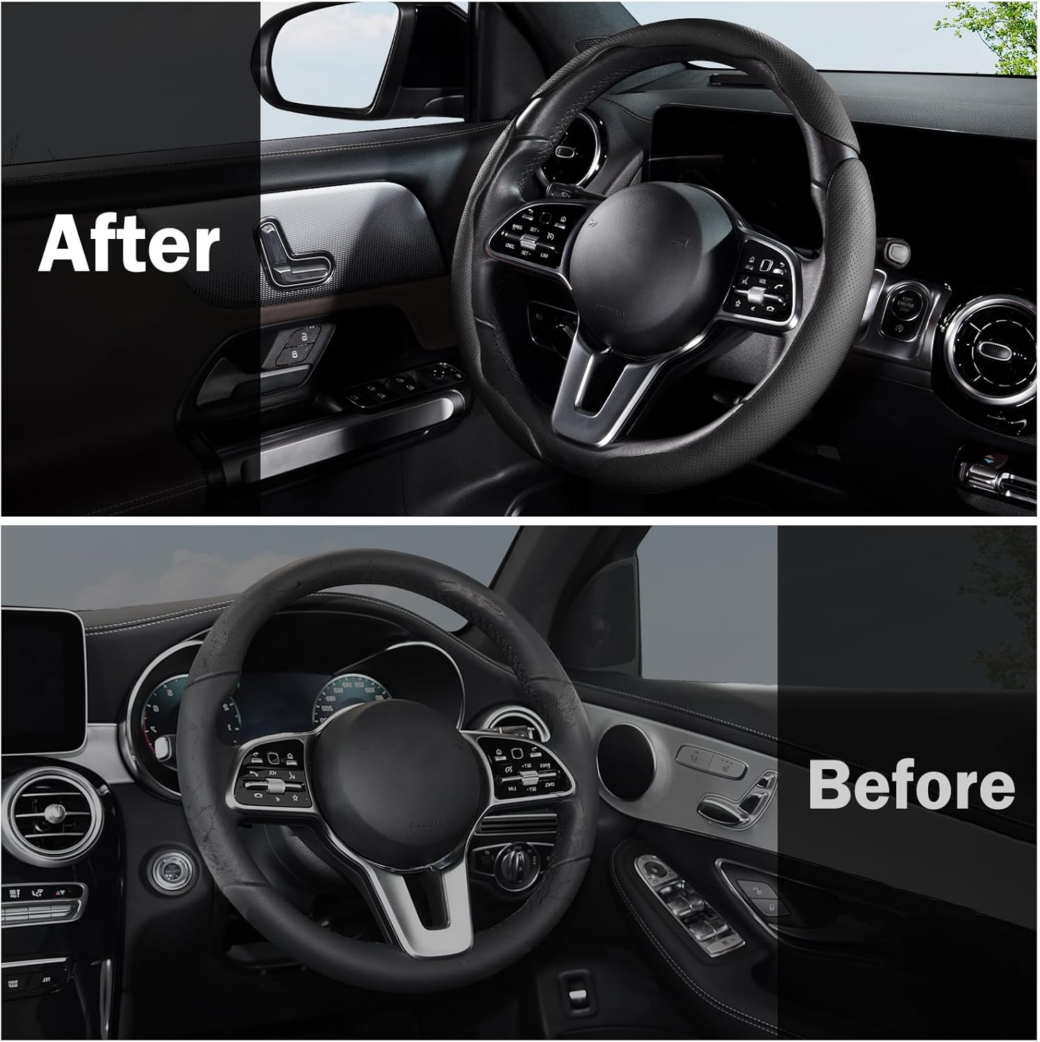 Car Steering Wheel Cover - Leather Snap-on Three-piece Set - Anti-slip Protection Cover - Steering Wheel Control Accessory - Universal Model - Black And Gray photo 4