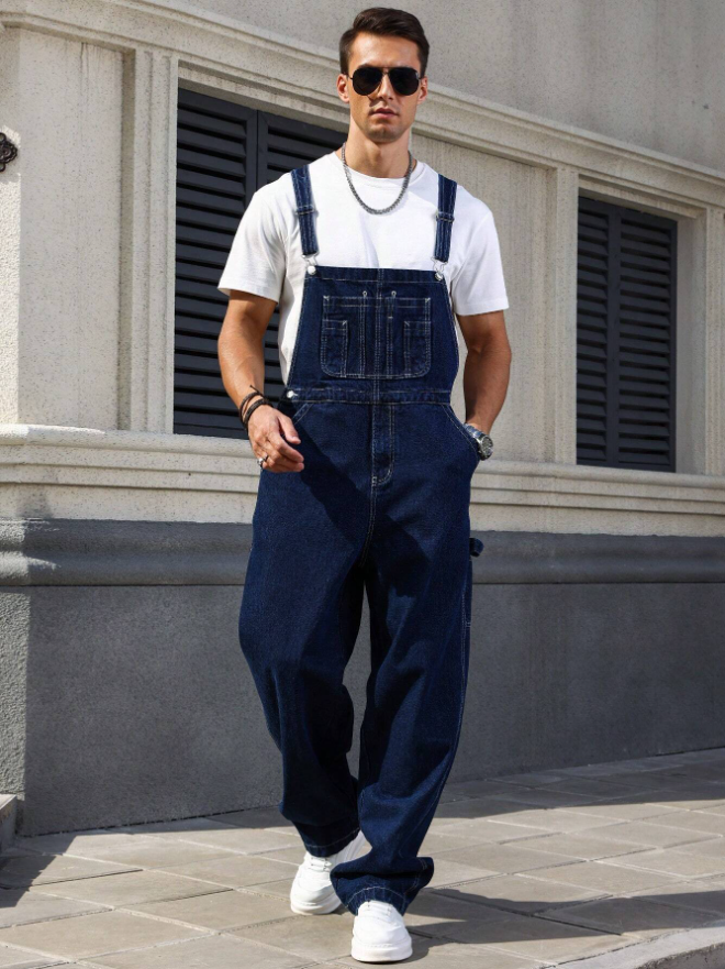Men's Denim Overalls Loose Fit Carpenter Bib Pants Workwear Jeans Streetwear Ready Stock photo 5