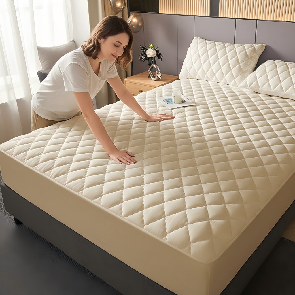 1PC Elastic Fitted Sheet, Quilted Mattress Cover, All Season Bedroom Bedding photo 4