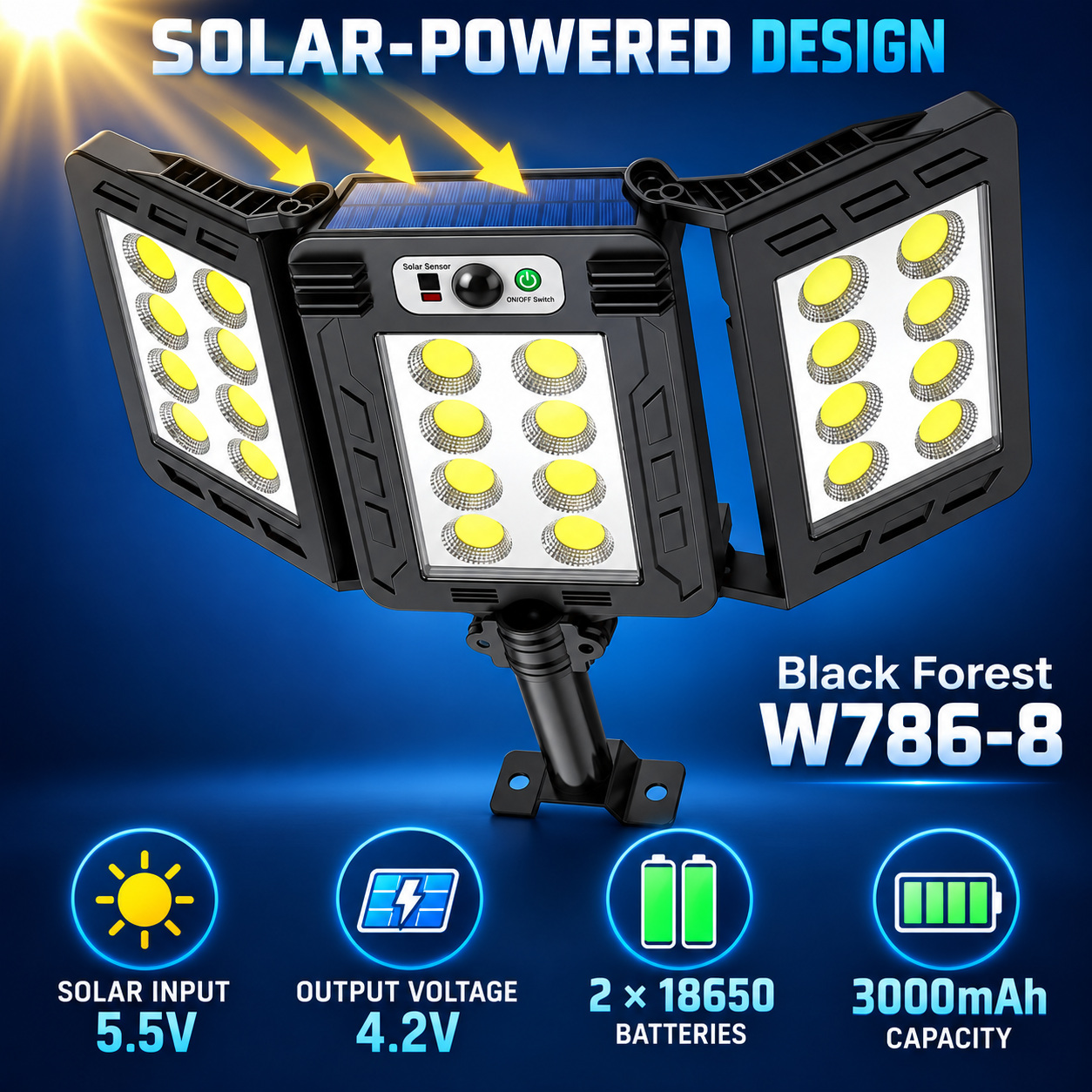Solar Powered Rechargeable Motion Sensor COB LED Work Light 3000mAh For Auto W786 8 Battery photo 6