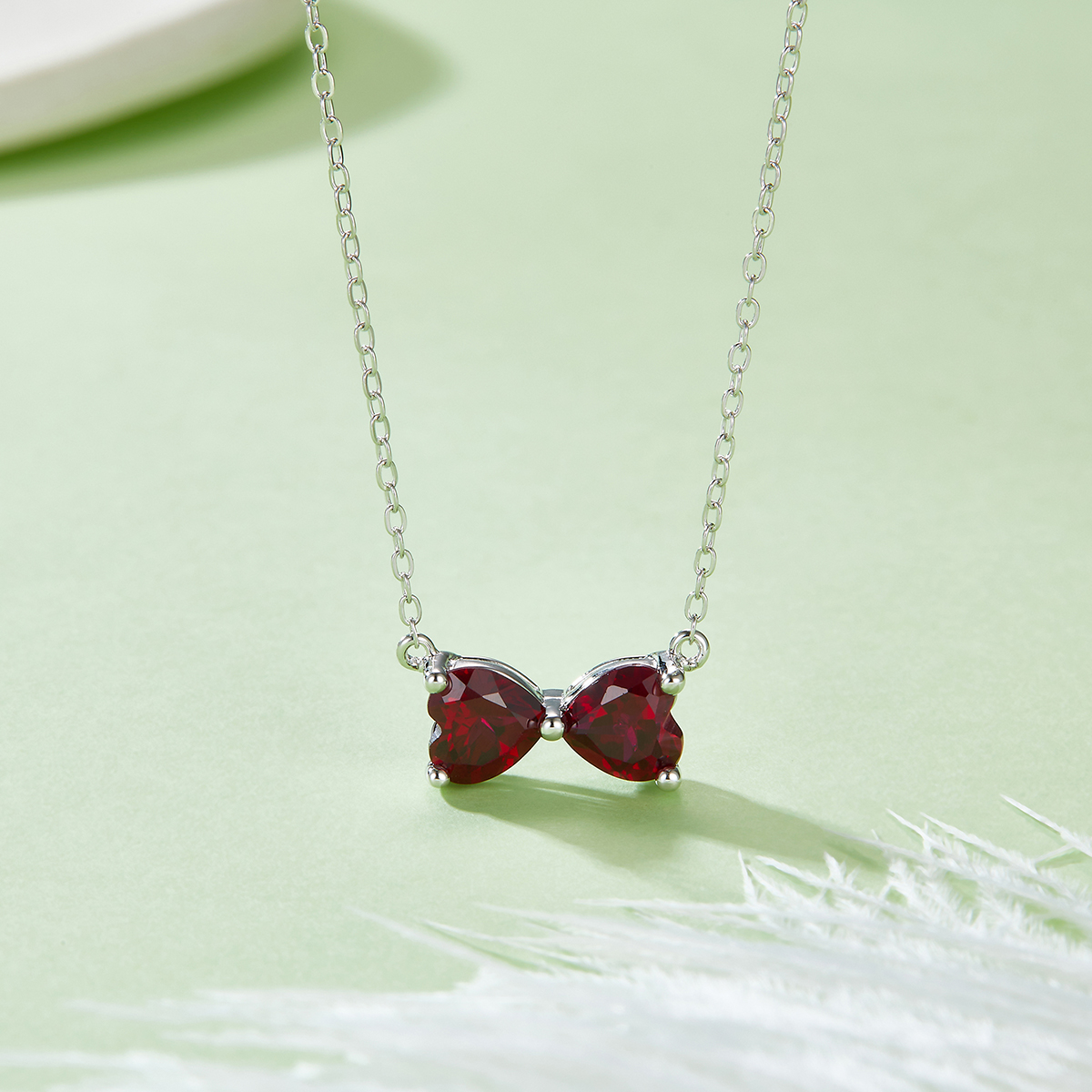 S925 Silver 2.4g 1.6ct Lab-Created Ruby Bow Necklace, 6mm Heart Pendant, 40&5cm photo 2
