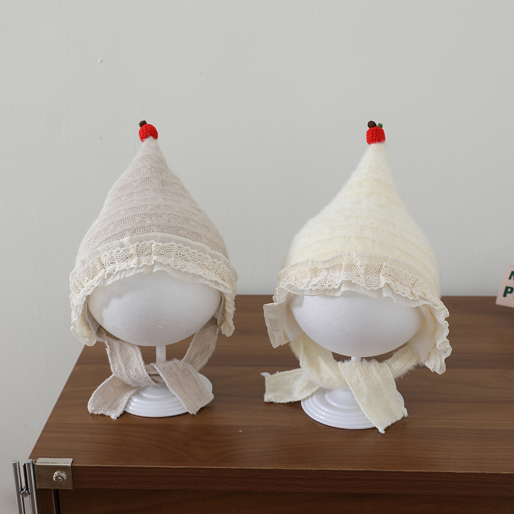Sweet Style Baby Plush Pointed Hat With Baby Lace Trim And Drawstring Ear Protectors, Outdoor Warm Knitted Hat photo 6