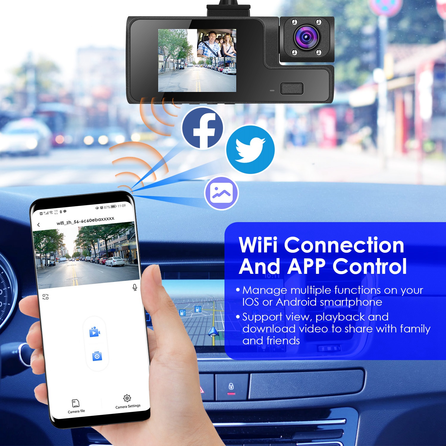 1Pc WiFi FHD 1080P Car Dash Cam 3 Channels Front Rear Inside Dash Camera With Loop Recording Reversing Visual 170 Degree Wide Angle 64G Card Included photo 3