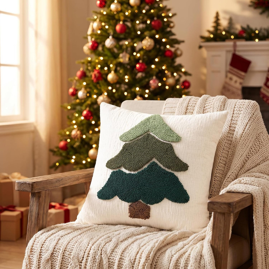 2Pcs Chenille Christmas Tree Pillow Covers 18x18, Green Holiday Decor photo 5
