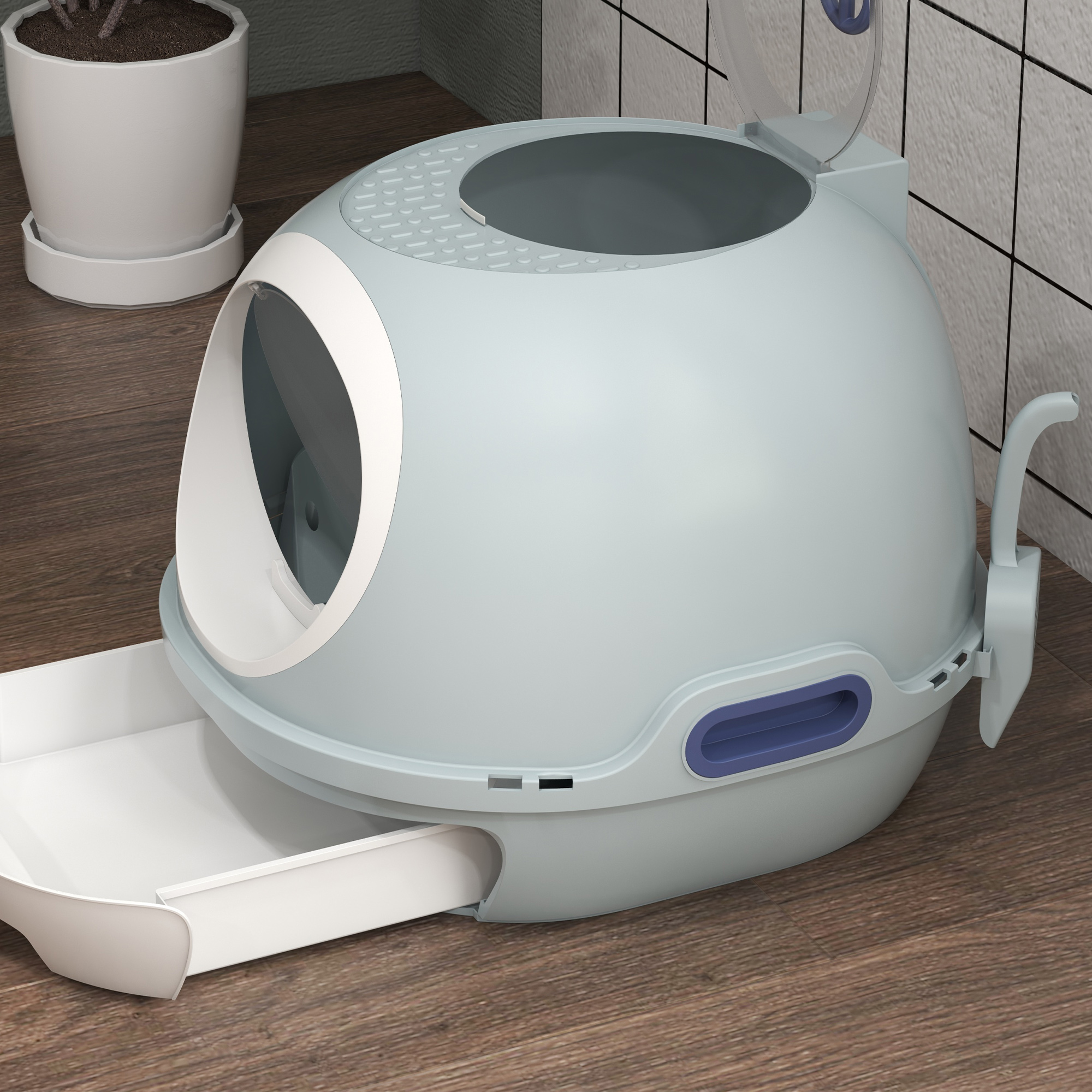 PawHut Cat Litter Box Toilet With Litter Scoop Enclosed Drawer, Front Entry Top Exit, Easy To Clean Blue photo 4