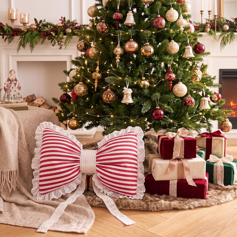 Christmas Bow Throw Pillow Cover, Red & White Striped Decorative Cushion With Lace Ruffle Trim, Festive Holiday Home Decor For Sofa & Bed photo 5